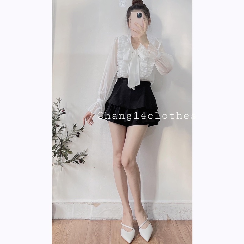 [Ảnh thật]- Áo sơ mi bèo cổ phối nơ tiểu thư chất voan tay bồng siêu vintage