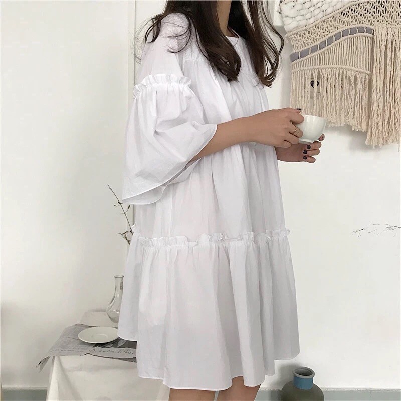 váy đầm nữ màu trắng đen chất mềm mát kiểu BABYDOLL dáng suông tay lỡ thấm hút mồ hôi hàng quảng châu cao cấp