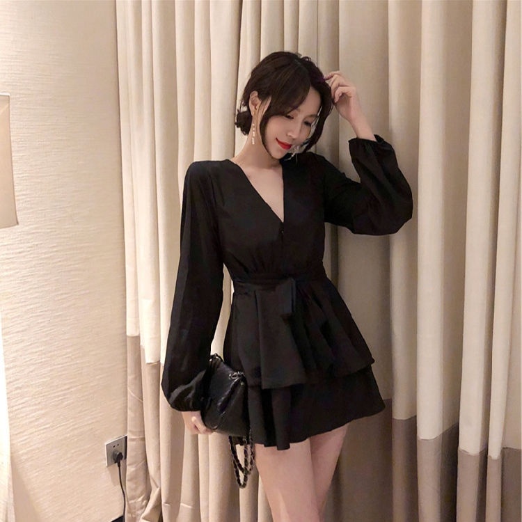 Đầm tay dài cổ chữ V phong cách Hàn Quốc thời trang thu đông mới thanh lịch cho nữ