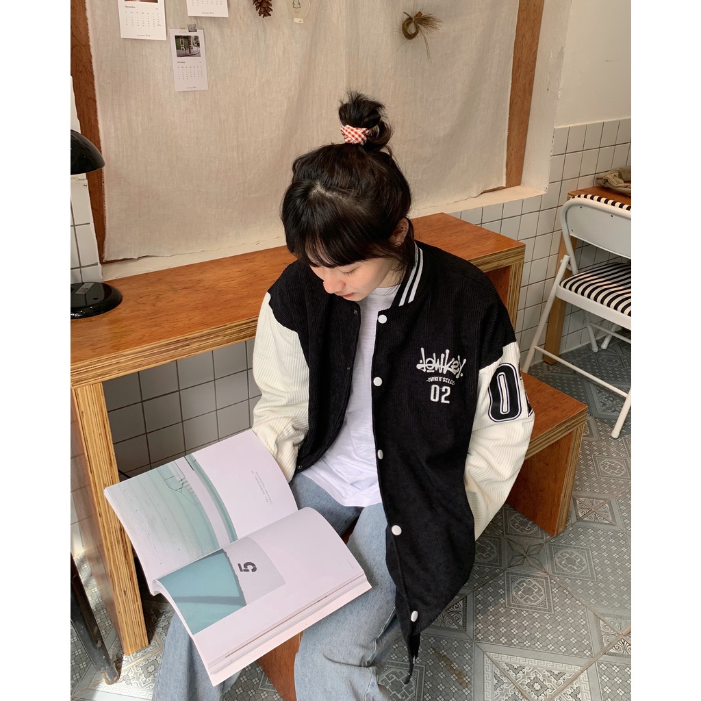 Áo khoác Varsity Black/White Nhung Tăm Full Thêu Logo Lowkey Phối Da PU Varsity Jacket Lowkey Uni