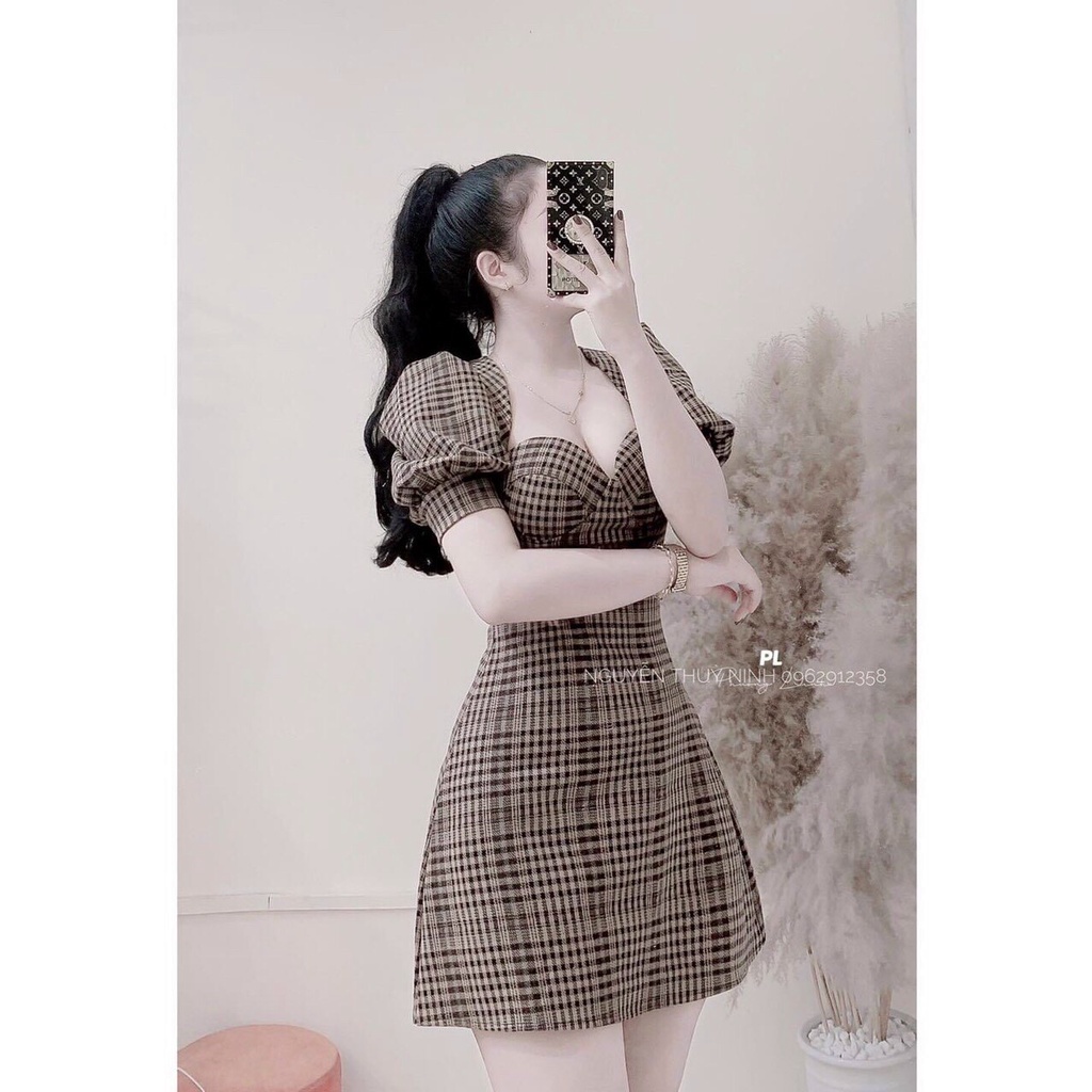 Đầm váy nữ cổ vuông tay phồng (có mút ngực) from dáng xòe dễ thương thời trang nữ cho nàng đi chơi, dự tiệc siêu xinh