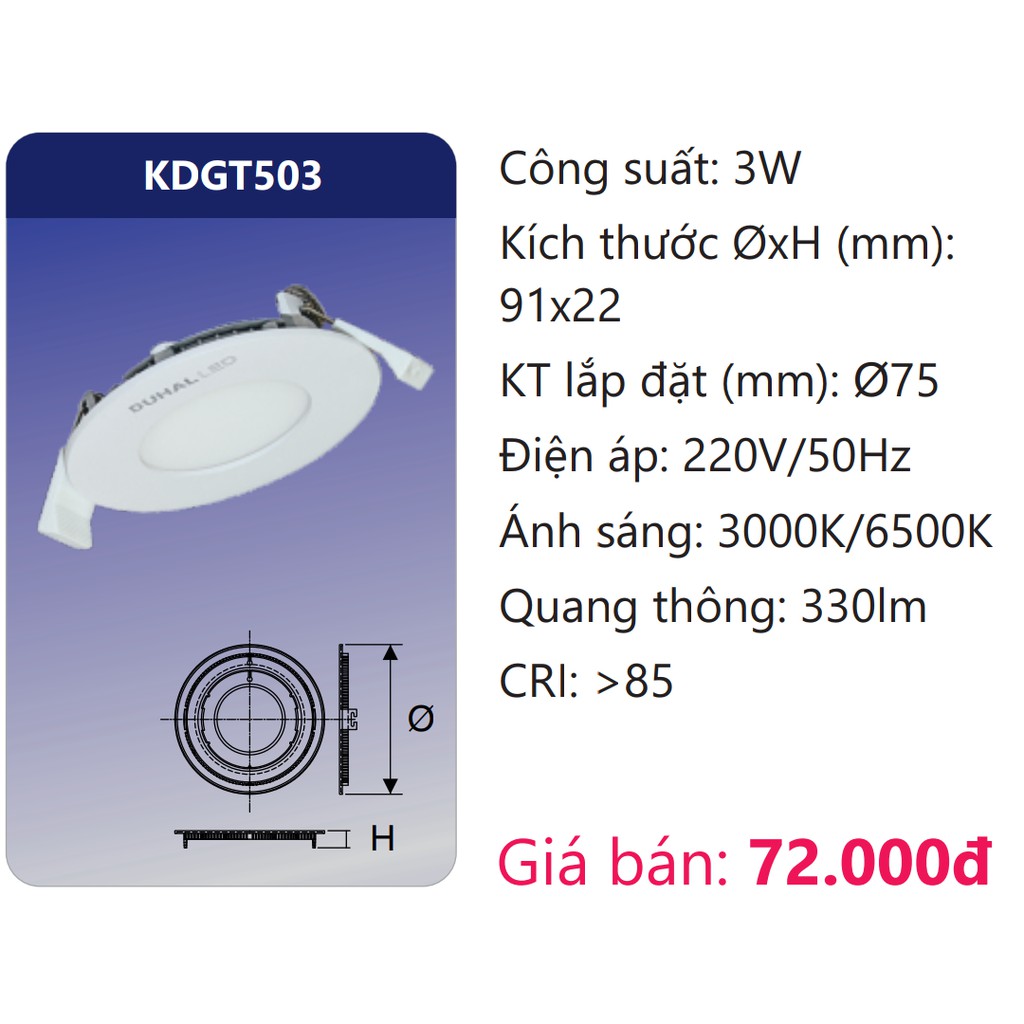 Đèn led âm trần tròn Duhal 3W SDGT503 KDGT503