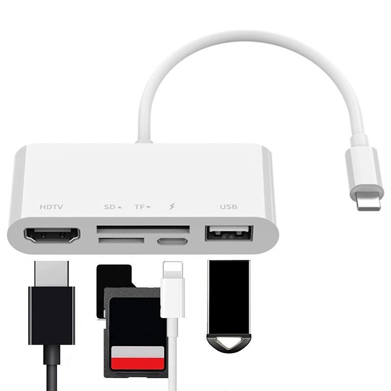 Đối với iPhone-iPad sang Bộ chuyển đổi HDMI , Hub 5 trong 1 với đầu đọc thẻ , Cổng sạc tương thích với thiết bị USB