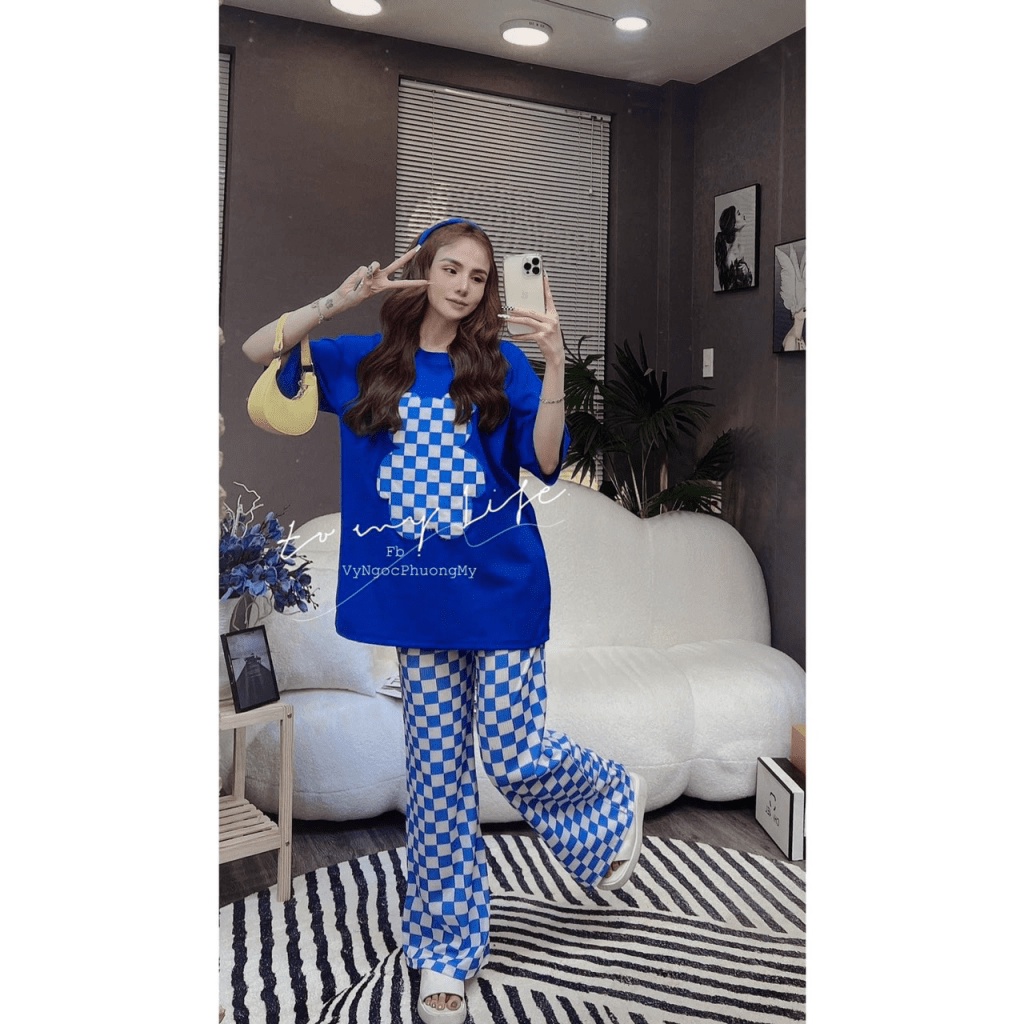 SÉT BỘ NỮ QUẦN DÀI ỐNG RỘNG CARO CHÚ GẤU NHIỀU MÀU SIU HOT MMF