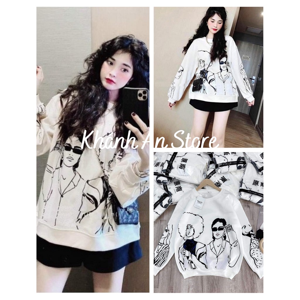 Áo Nỉ Họa Cô Gái Nữ 🌺 Sweater form rộng trendy, thun dài tay bồng bánh bèo tiểu thư 🌺
