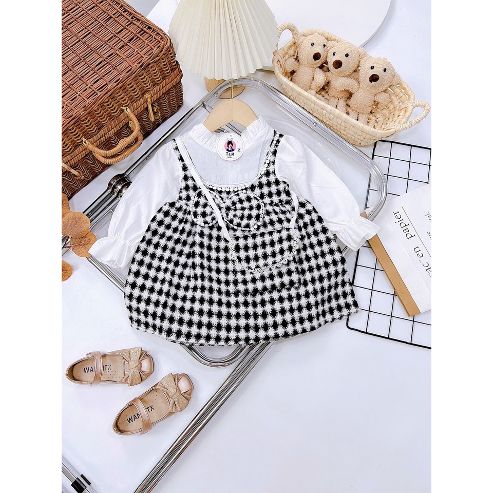Váy bé gái thu đông dài tay kiểu yếm cổ bèo gắn nơ Set đầm babydoll kẻ sọc dệt kim kèm túi cho bé từ 8-20kg, SUN KID'S