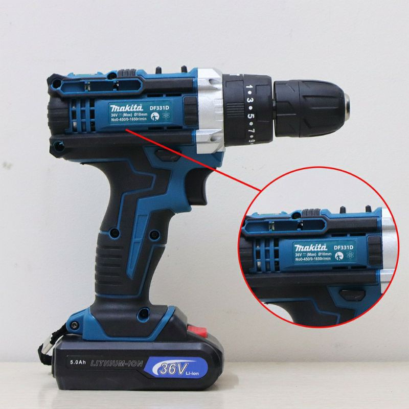 Máy khoan pin 36V Makita 3 chức năng có búa - Tặng kèm 24 chi tiết gồm các mũi khoan + Mũi bắt vít - Kèm theo 2 pin