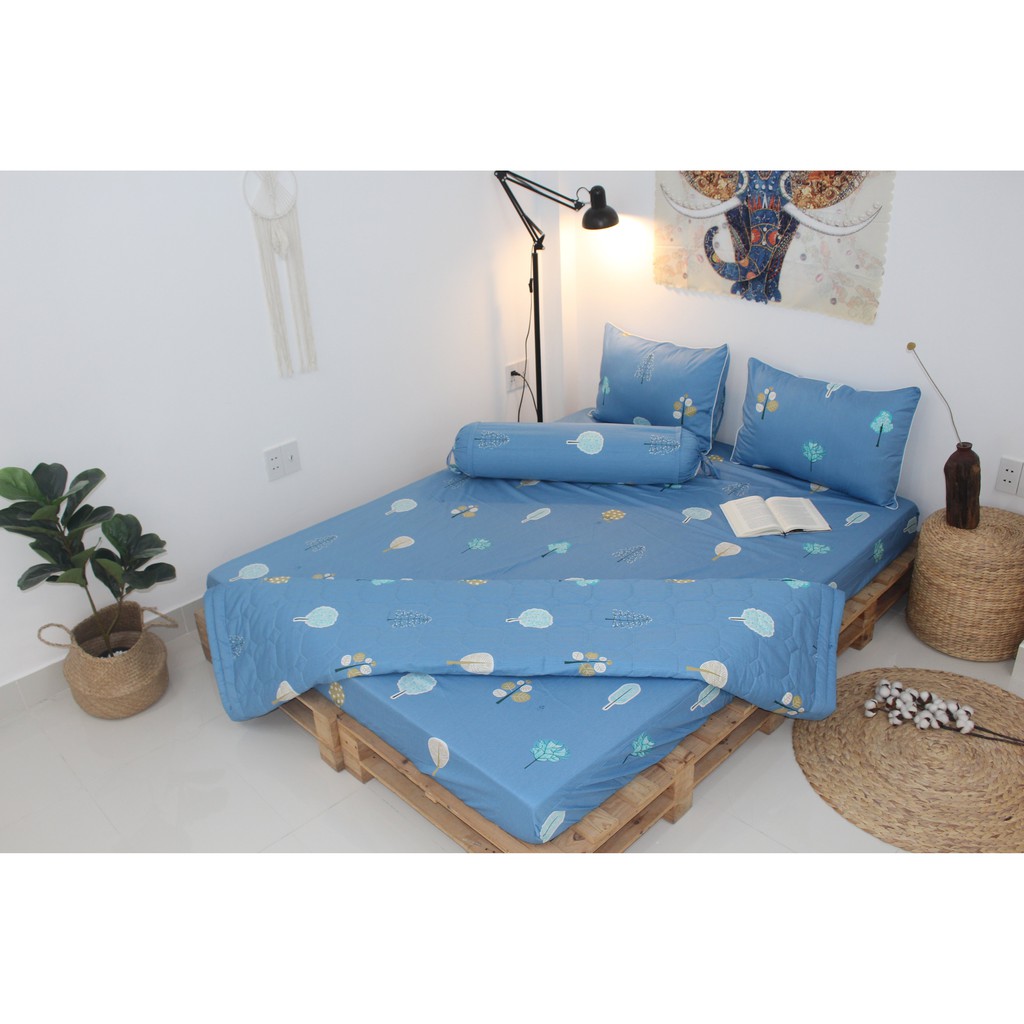 Bộ drap gối 4 món 100% cotton thiên nhiên Kha Ly- Cây xanh