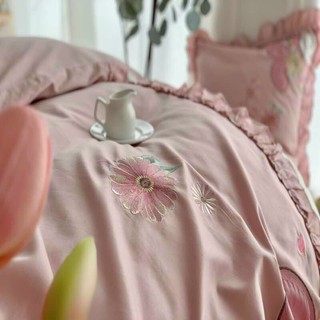 Drap lụa thêu thỏ hồng set 7 món, chăn kèm ruột