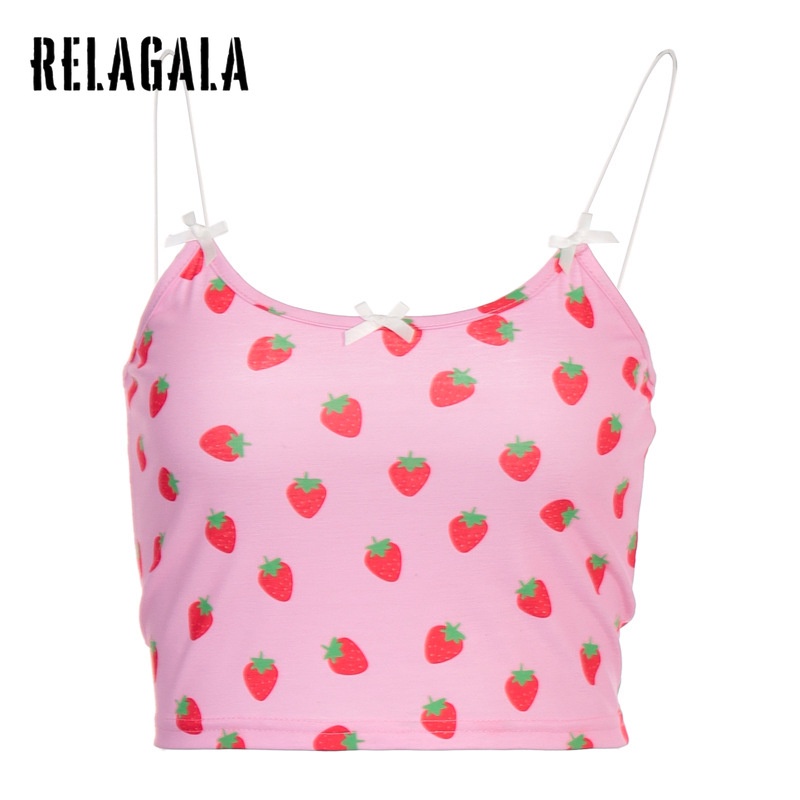 Áo Tank Top Hai Dây Ôm Dáng In Họa Tiết Dâu Tây Phối Nơ Xinh Xắn Cho Nữ