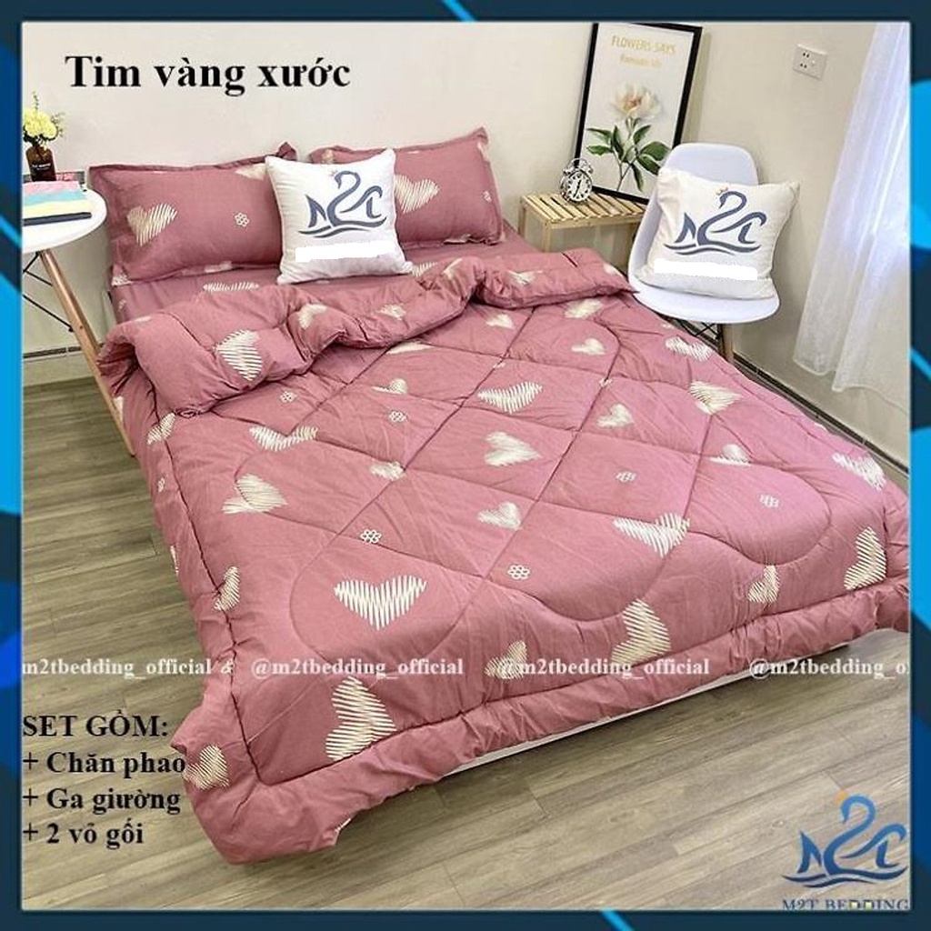 (Thanh Lý) Sét 5 Món Chăn Phao Ga Gối Kèm Vỏ Gối Ôm | Mẫu Bò Hồng (Ghi chú tên mẫu khi đặt đơn)