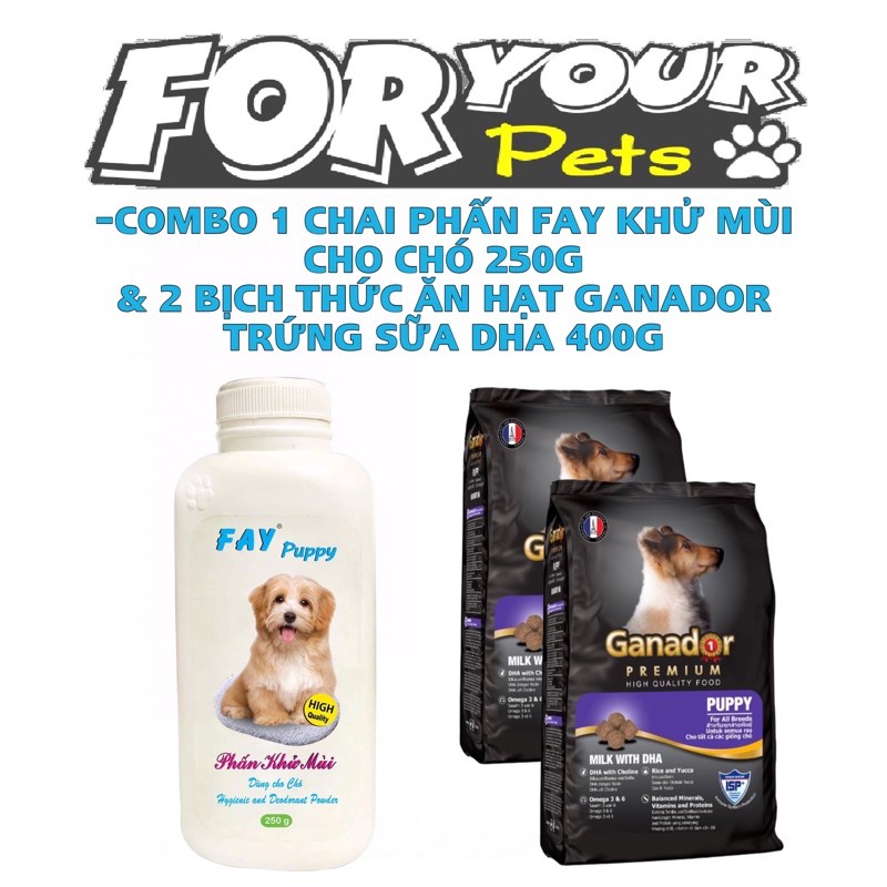 COMBO 1 CHAI PHẤN TẮM KHÔ FAY CHO CHÓ 250G &amp; 2 BỊCH THỨC ĂN HẠT GANADOR TRỨNG SỮA DHA 400G