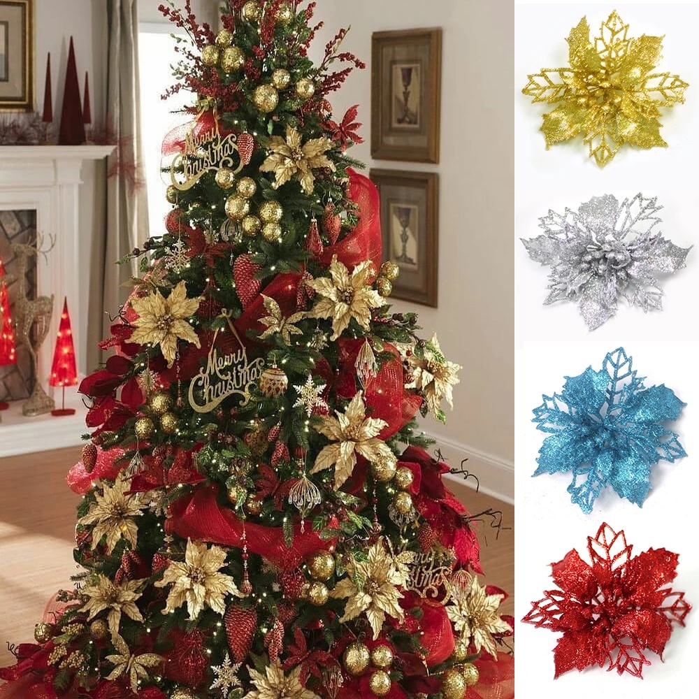 Set 5 bông hoa Giáng Sinh thiết kế rỗng kim sa lấp lánh dành cho trang trí cây thông noel