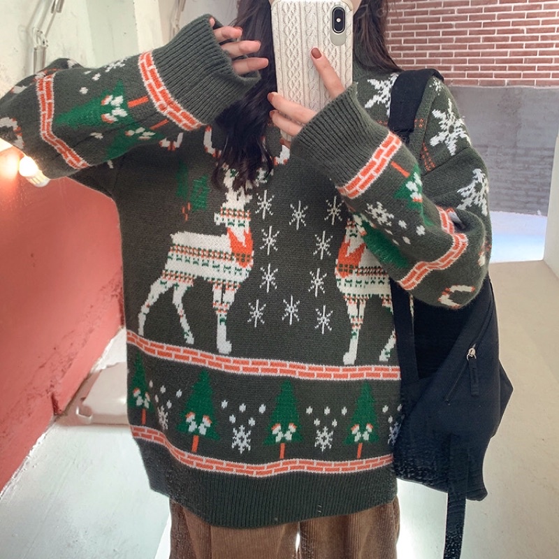 Áo len thổ cẩm nữ hoạ tiết Hàn Quốc xinh xắn/ Áo len hoạ tiết Noel siêu ấm