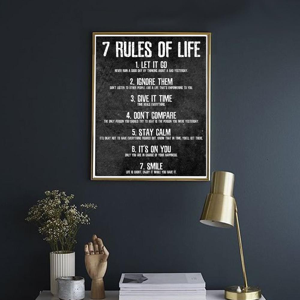 Tranh canvas chữ truyền động lực 7 RULES OF LIFE trang trí hiện đại