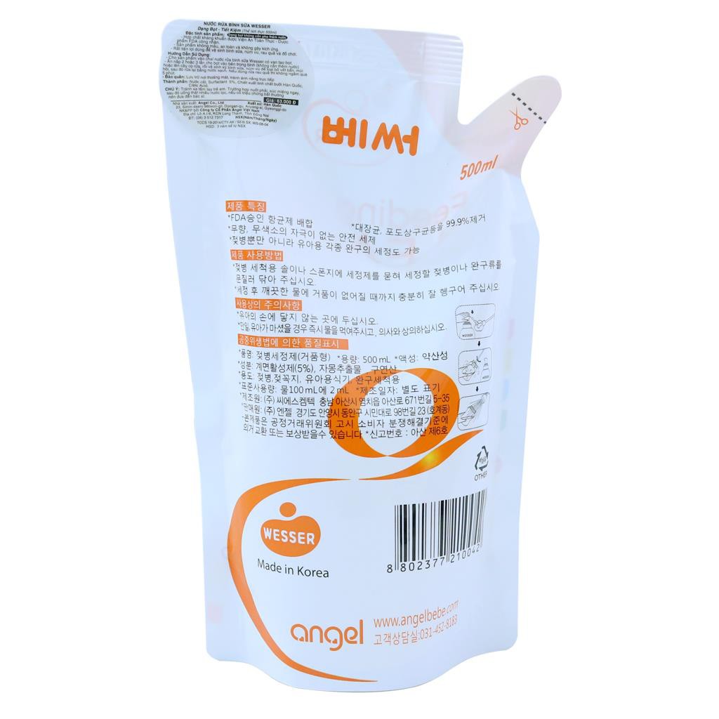 Nước/Dung dịch rửa/vệ sinh bình sữa Wesser cao cấp dạng chai/túi 500ml chính hãng nhập khẩu Hàn Quốc