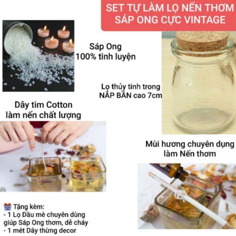 SET TỰ LÀM LỌ NẾN THƠM SÁP ONG NẮP BẦN VỪA TAY TẶNG 1 LỌ MÙI HƯƠNG - 9293store - 9293kitdecor