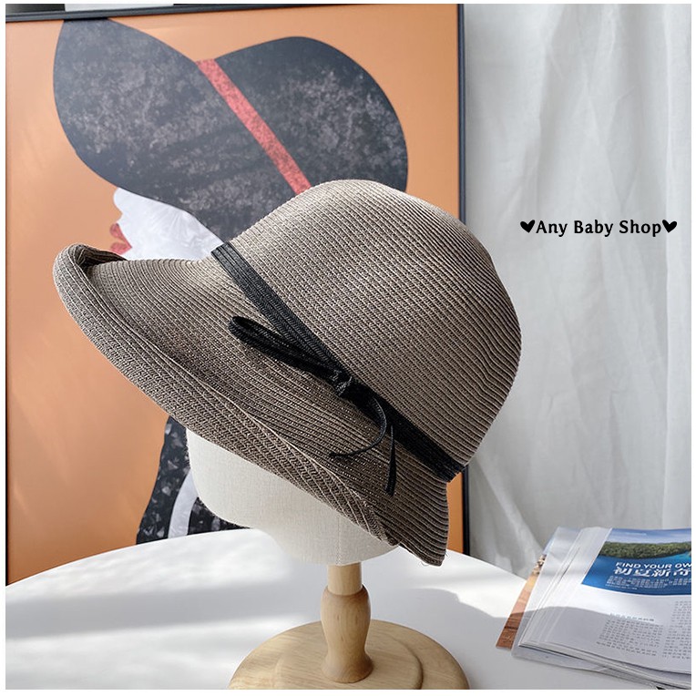 Mũ cói đi chơi, đi biển uốn vành đính dây nơ 5 màu sang chảnh- gấp gọn được (hàng có sẵn) ❣❣