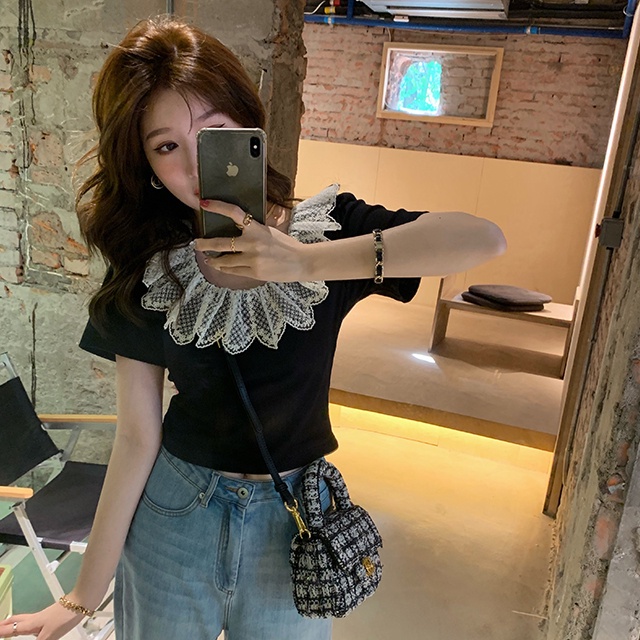 Áo croptop SUXI ngắn tay ôm dáng phối cổ cánh hoa xinh xắn cho nữ