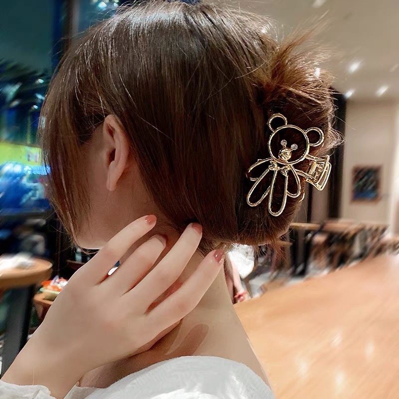 Kẹp tóc kim loại hình gấu đính ngọc trai sang trọng phong cách Hàn Quốc cho nữ