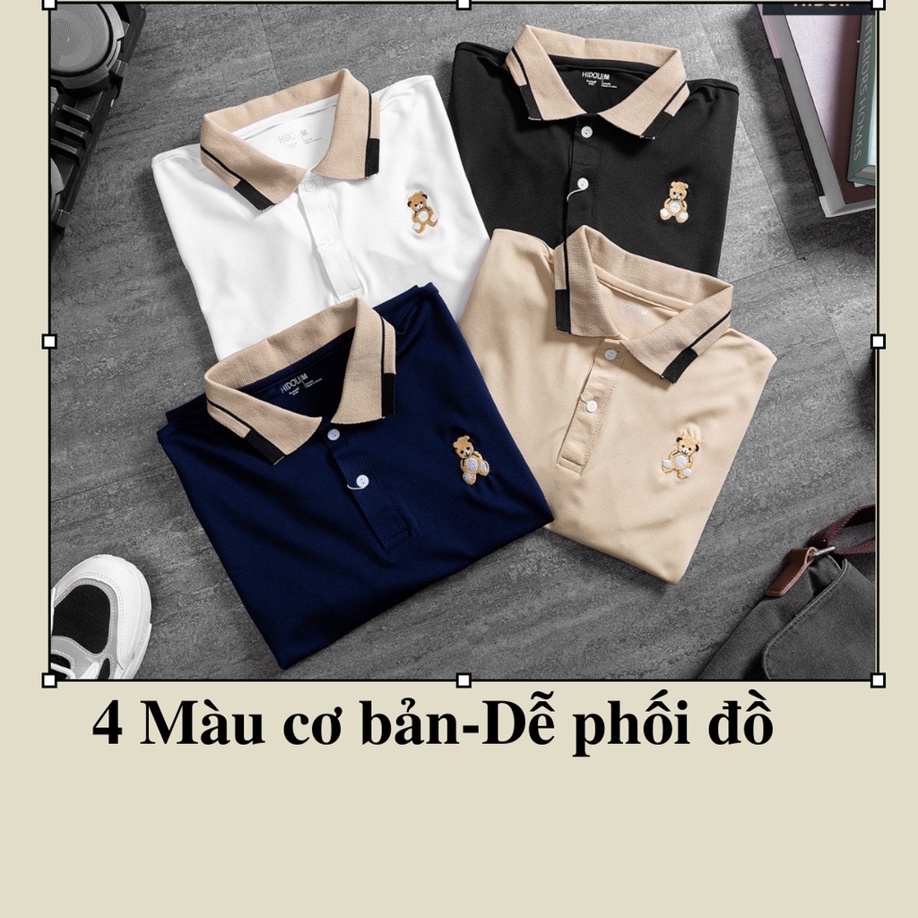 Áo polo nam ngắn tay thêu gấu có cổ chất liệu cotton mát mịn