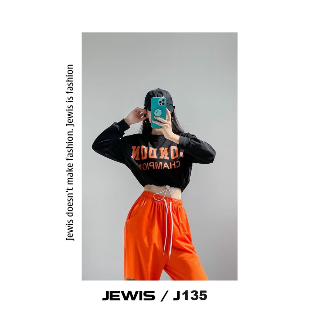 Set Cá Tính Áo croptop đen LONDON Mix Quần Jogger Cam Da Cá Cao Cấp - J135