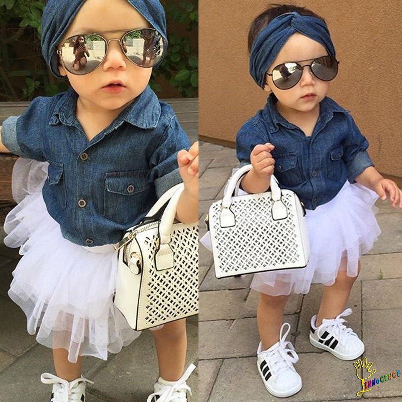 ❤XZQ-Casual Kids Baby Girls Denim Tops Shirt+Tutu Skirts Cake Dress 3pcs Outfits Set
