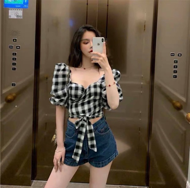 Áo caro đắp chéo cột nơ 2 màu xanh- đen