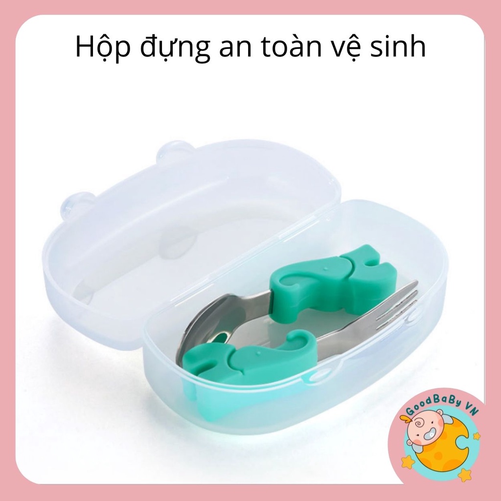 Thìa dĩa tập xúc ,tập ăn ,tập cầm nắm inox an toàn cho bé hình voi,khủng long Goodbabyvn