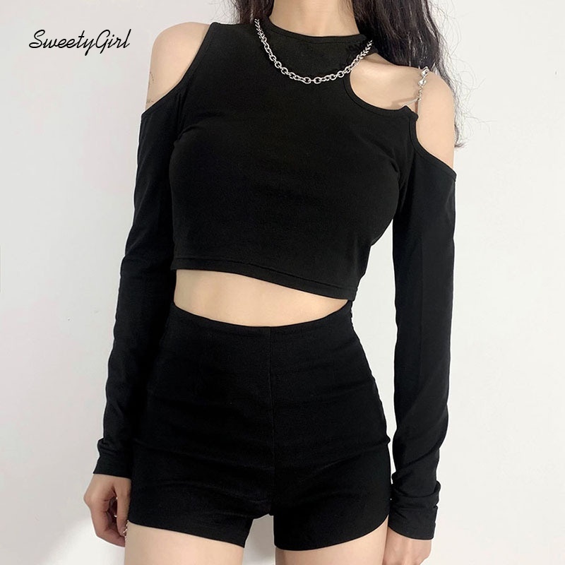 Áo croptop tay dài cổ tròn màu trơn dáng ôm năng động dành cho nữ