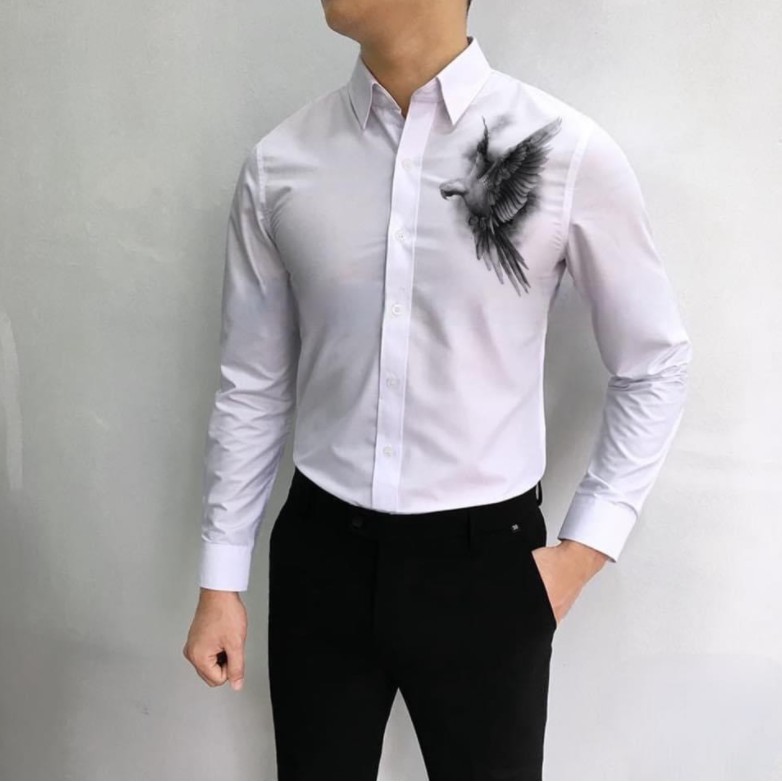 Áo sơ mi trắng dài tay in hình chim-sói 3D,chất lụa cao cấp,thời trang Hàn Quốc, không nhăn, xù