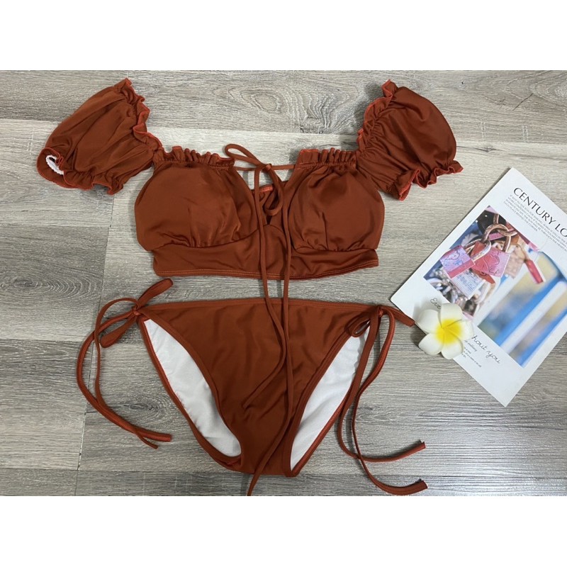 Set bikini đi biển 2 mảnh quần chip áo bèo tay con xinh xắn- đồ bơi nữ trễ vai khoe dáng hh