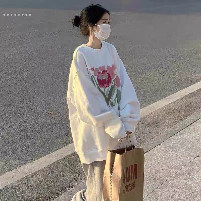 Áo Sweater FVSEZO In Hoa Nữ [FREESHIP] Nỉ form rộng tay bồng oversize màu trắng kiểu dáng cute hàn quốc đẹp