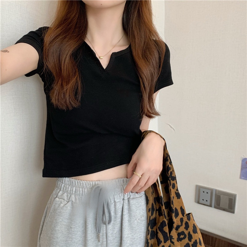 WANGJIAOZHAN Áo croptop thun ôm sát tôn dáng tay ngắn cổ chữ V màu trơn thời trang cho nữ