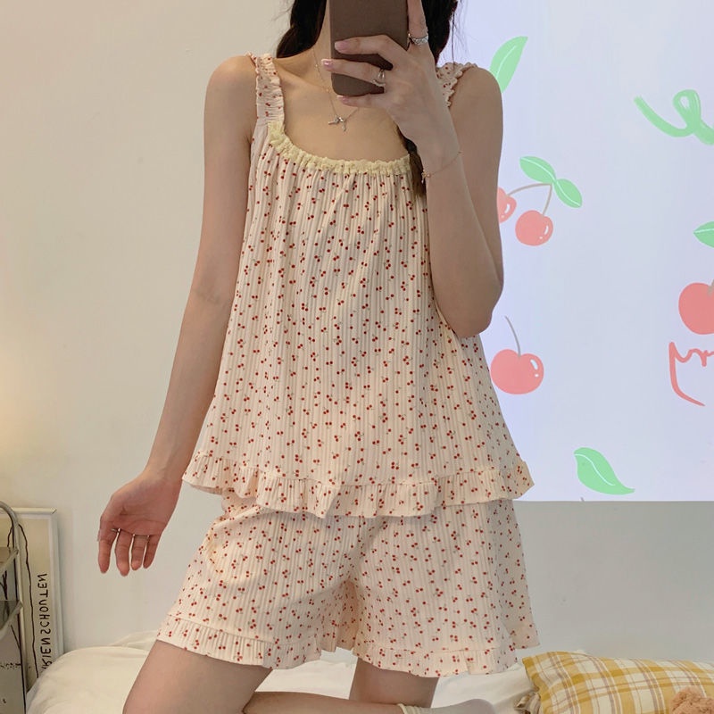 Jiashucheng Bộ Đồ Ngủ Áo Sát Nách Phối Quần Short Mỏng Màu Sắc Ngọt Ngào Phong Cách Hàn Quốc Thời Trang Mùa Hè Cho Nữ