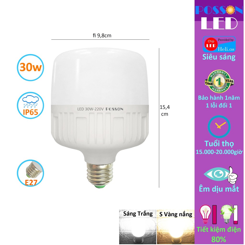 Sỉ 30 Bóng đèn Led trụ 30w bup trụ siêu sáng tiết kiệm điện kín chống nước Posson SG LC-30x