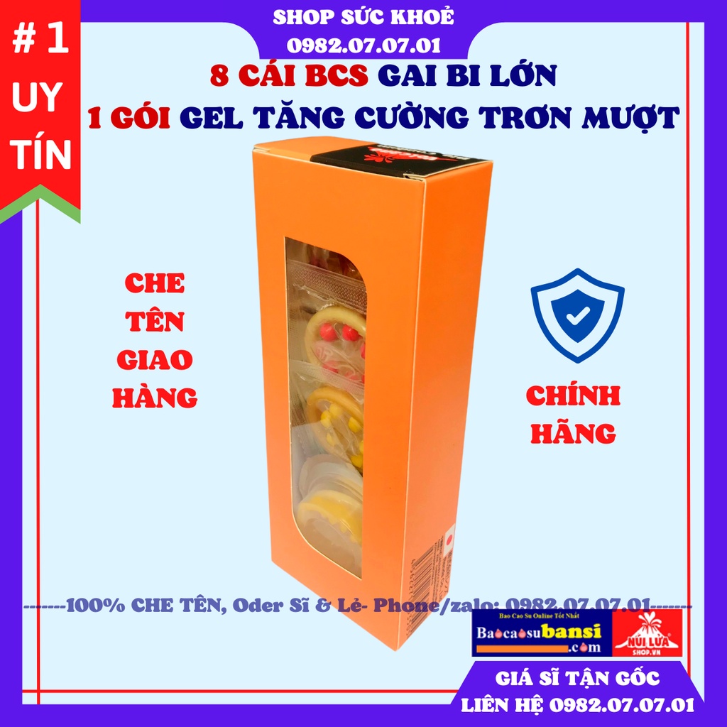Bao cao su Bi Gai Volcano, hộp 8 cái BCS+1 gói gel bôi siêu trơn mượt, Với tinh năng gai bi lớn tổng hợp độc đáo nhất.