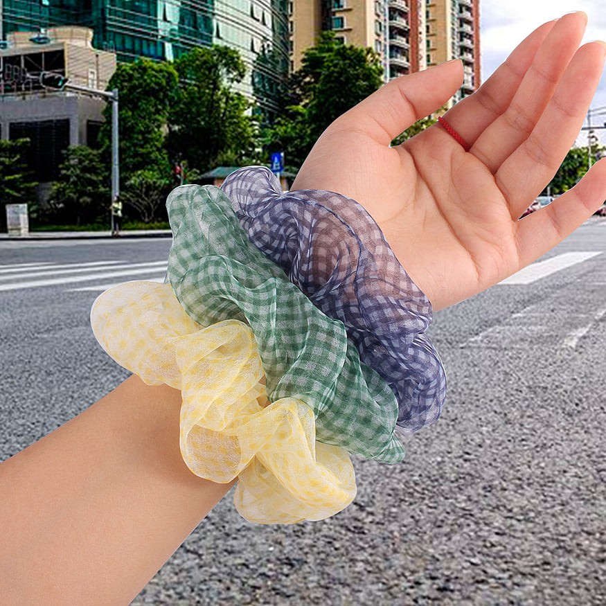 Scrunchies dây buộc tóc vải voan caro bản lớn phồng đẹp