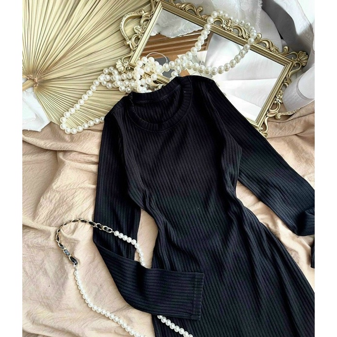 Đầm nữ cổ tròn tay dài kiểu dáng dài ôm body xẻ tà một bên sexy đẹp đỉnh chất gân tăm xịn xò