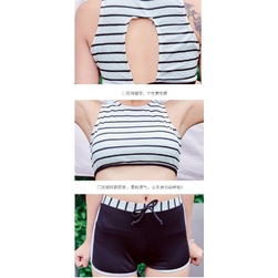 Bộ đồ bơi dáng thế thao áo kiểu cổ yếm họa tiết sọc phối quần trơn siêu cute | BigBuy360 - bigbuy360.vn