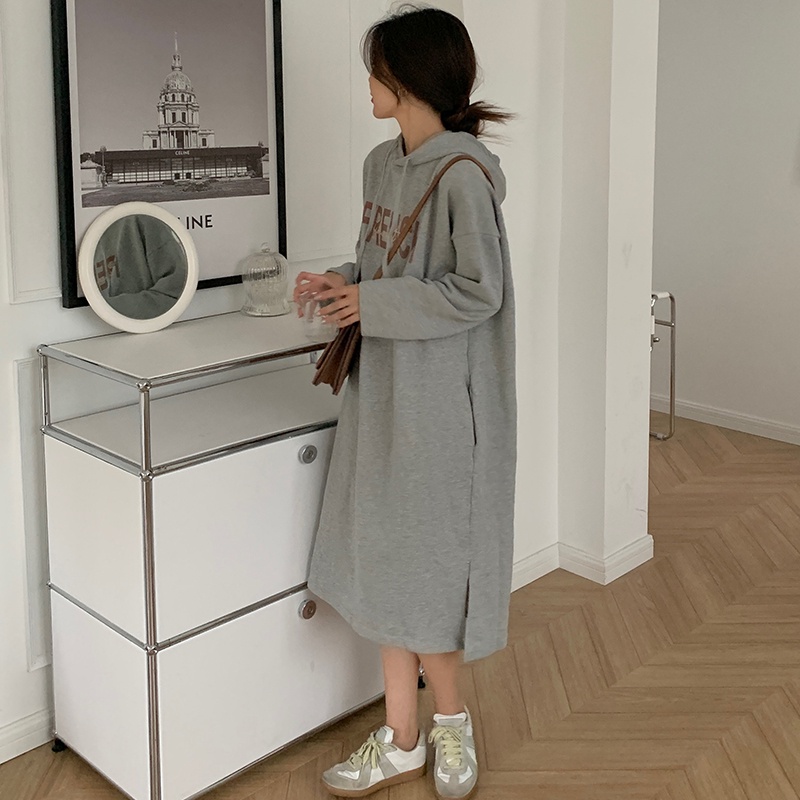 Đầm Hoodie Dày Dáng Rộng Dài Xẻ Tà In Chữ Thời Trang Mùa Thu Mới Cho Nữ