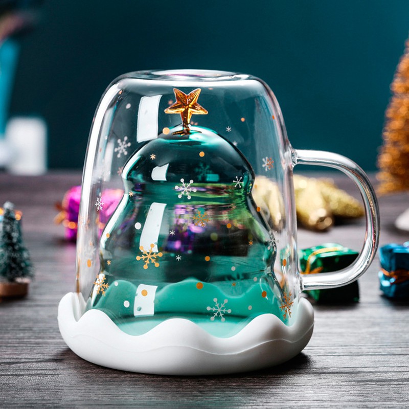 Ly thủy tinh giáng sinh chịu nhiệt Borosilicate 2 lớp có tay cầm kiểu dáng cây noel