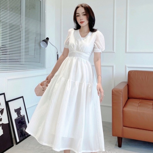 Đầm Đi Tiệc NHẬT VY Dáng Xoè Maxi Cổ Tim Tay Phồng Chất Vải Sọc Xốp Ô Màu Hồng, Xanh Bơ, Đen, Trắng - D2392