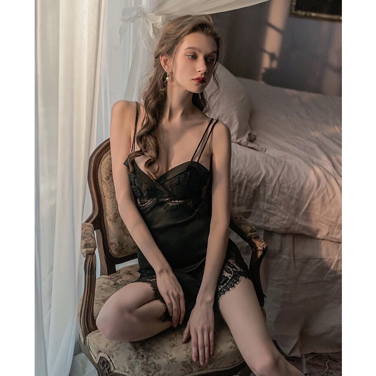 Váy ngủ lua đen phối ren đuôi cá, đan dây sexy, nóng bỏng - Hàng hot hit 2022 - Queen.Sexy - VN69