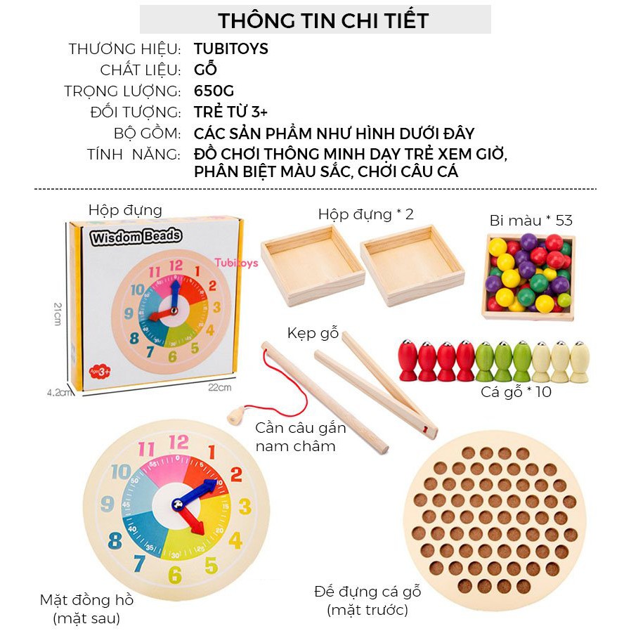 Giáo cụ Montessori cho bé TUBITOYS, Bộ học giờ, câu cá, gắp bi phát triển vận động tinh