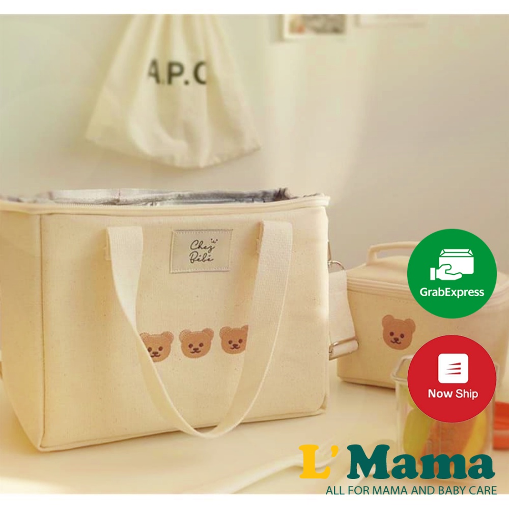 Túi Bỉm Sữa Dạng Hộp Cao Cấp Hình Gấu Thêu Giữ Nhiệt Phong Cách Hàn Quốc