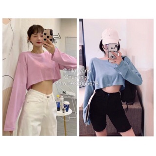 Áo croptop tay dài màu hồng và xanh