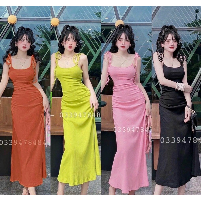 ĐẦM MAXI HAI DÂY BUỘC NƠ NHÚN HÔNG
