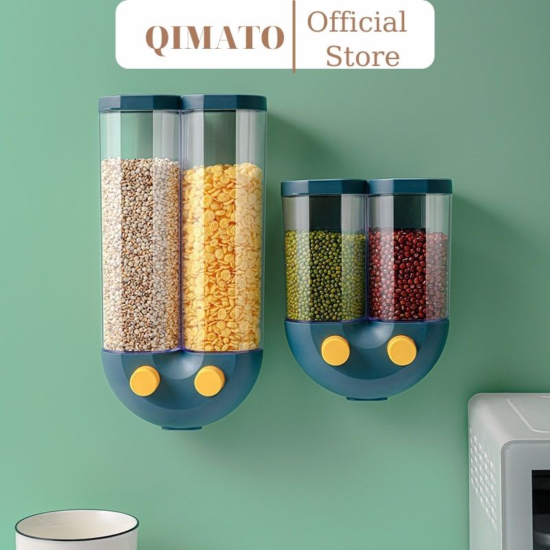 Hộp đựng ngũ cốc hạt khô 2 ngăn treo tường thông minh tiện lợi SIZE L(36X10X18) nhựa cao cấp bền đẹp qimato D2.005