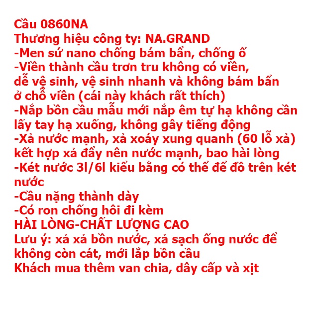 Bồn Cầu Liền khối 1 Khối 0860NA Phương Nam Phát XẢ XOÁY KẾT HỢP XẢ ĐẨY NƯỚC MẠNH MEN NANO CAO CẤP